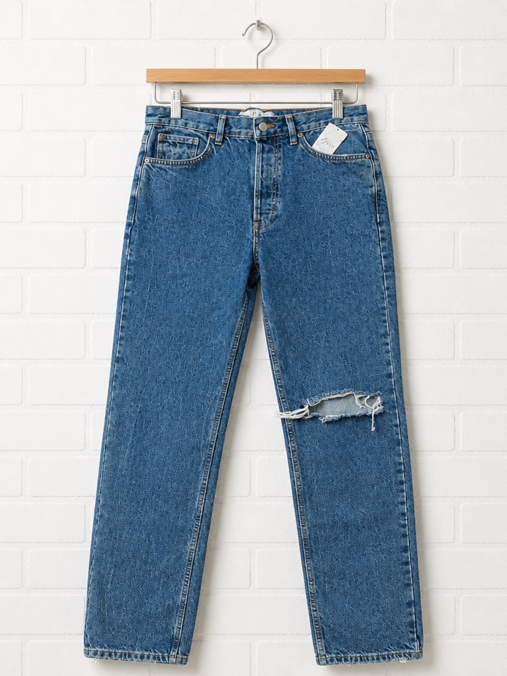 NWT. We the Free Blue Distressed Straight-Leg Jeans with button rise. So fun!